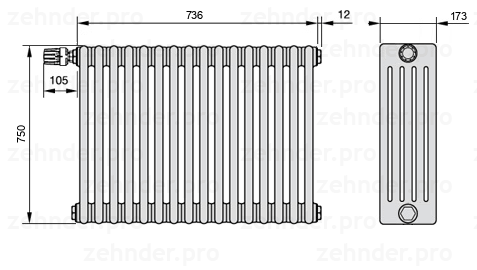 Схема (чертеж) Радиатор Zehnder Charleston 5075/16 №V012 Белый глянцевый RAL 9016